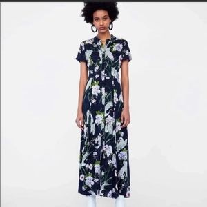 ZARA Navy Crane Print Maxi Dress